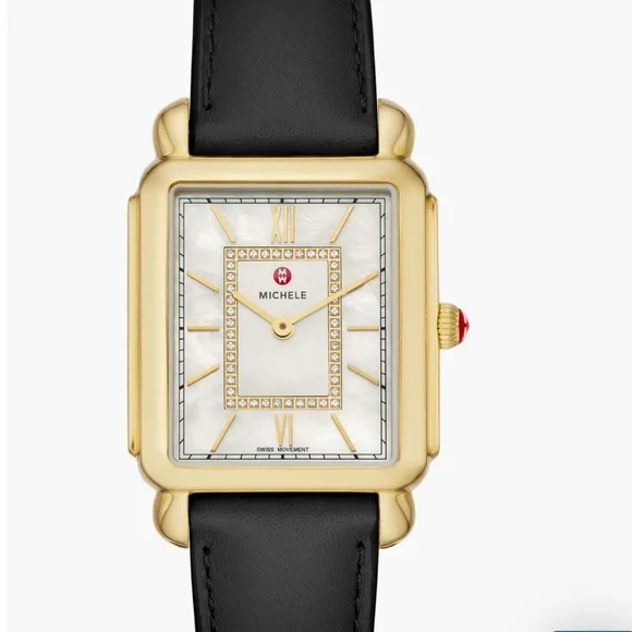 MICHELE Deco II Mother of Pearl Diamond 18K Gold Plated Leather Band Watch - Picture 1 of 15
